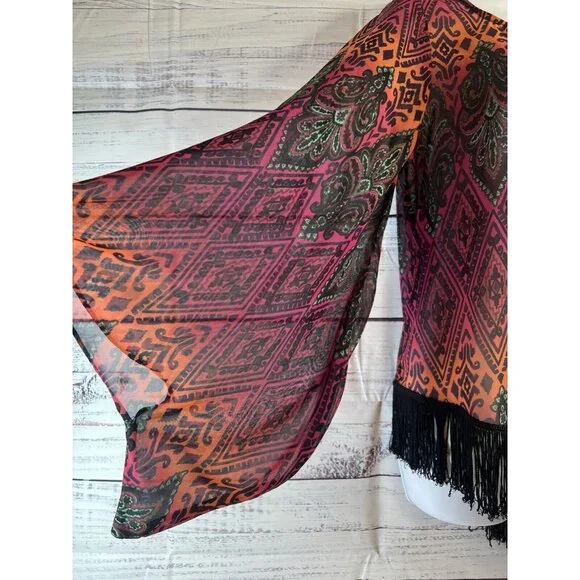 Ivy Jane Size S Boho Festival Fringe Kimono Bell Sleeve Asymetrical Sheer Blouse - Picture 3 of 12